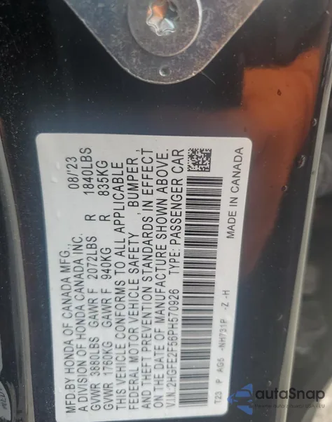 2023 Honda Civic Sport from USA, damaged, VIN 2HGFE2F56PH570926